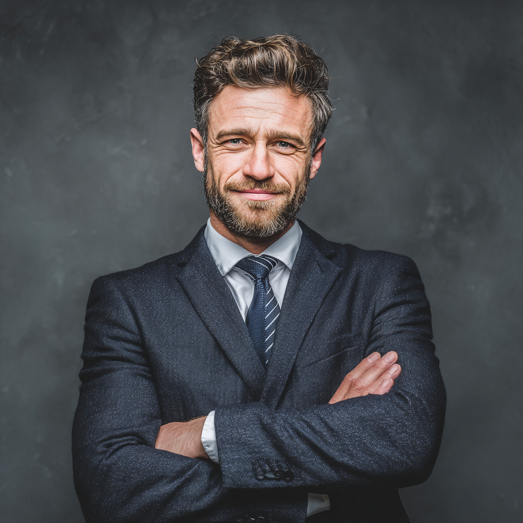 Confident businessman in suit standing with arms crossed, showing determination and success