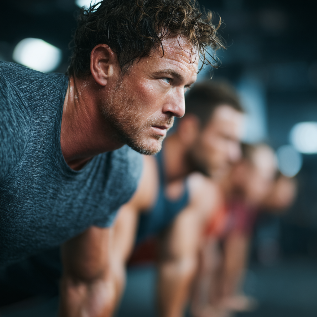 Group of determined men working out together in modern gym, showing teamwork and motivation