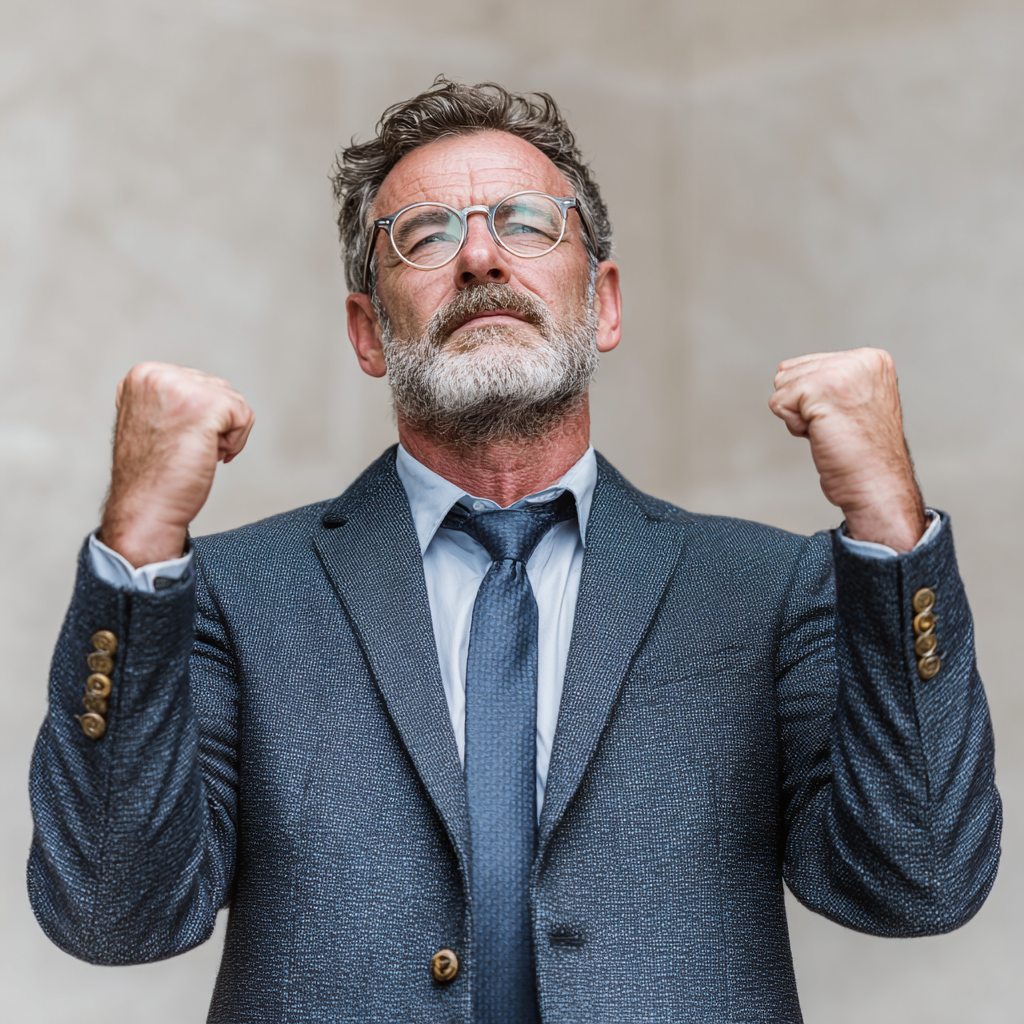 Successful businessman celebrating achievement with raised fists, showing triumph and confidence